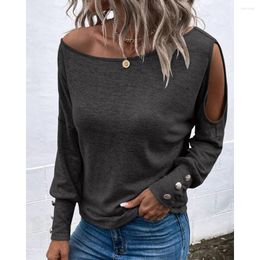 Women's T Shirts Spring Fashion Women Cold Shoulder Long Sleeve Buttoned Tee Top 2023 Femme Casual Lady Blouse Solid Clothing