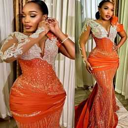 2023 Arabic Aso Ebi Red Orange Prom Dresses Mermaid Beaded Crystals Evening Formal Party Second Reception Birthday Engagement Gowns Dress ZJ285