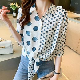 Women's Blouses Asymmetry Polka Dot Bow Women Shirt Button Vintage Chiffon Short Sleeve 2023 Summer Tops Woman Clothes Chemisier Femme