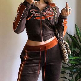 Women's Tracksuits Street Vintage Women Spring Fall Velvet Tracksuit 2 Piece Set Casual Suit Sexy Hooded Long Sleeve Zip Jacket Crop TopPants 230220