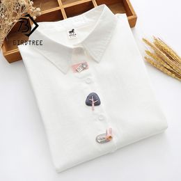 Women's Blouses Shirts Spring Women Casual Appliques Cotton White Shirt Long Sleeve Short Blouse Autumn Solid Cute Sweet Girl Tops T0D001F 230220