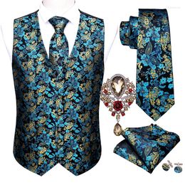 Men's Vests 5PCS Barry.Wang Teal Blue Floral Wedding Vest For Men Suit Silk Necktie Cufflinks Brooches Set Formal Waistcoat