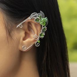 Backs Earrings IngeSight.Z Creative Green Crystal Flower Elf Ear Clip For Women Vintage Hollow Metal Leaf No Piercing Hanging Jewellery