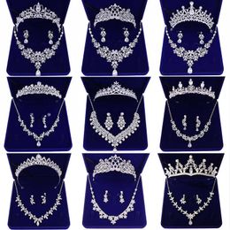 Tiaras Fashion Zircon Bridal Jewelry Sets Wedding Crown Necklace With Earrings Pin Pearl Crystal Tiara And Crowns Hair Ornaments Women Z0220