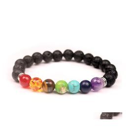 Charm Bracelets 8Mm 7 Chakra Black Lava Stone Beads Charms Bracelet Diy Essential Oil Diffuser Man Energy Jewelry Drop Delivery Dhtbi