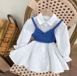 Clothing Sets 2023 Girls 2 Pcs Set Denim Vest Dress Spring Cotton Full Sleeve Fashion Suits 2-7 Years QS207