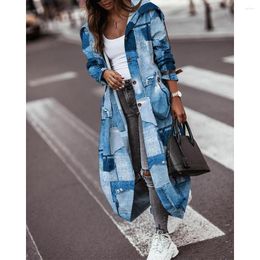 Women's Trench Coats Autumn Women Denim Look Print Button Front Longline Coat 2023 Femme Casual Long Sleeve Office Lady Outfits Elegant