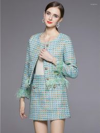 Work Dresses Autumn Winter Tweed Ostrich Feather All-Match Green Skirt Suit Women Plaid Short Jacket Coat Mini Woollen 2 Piece Set