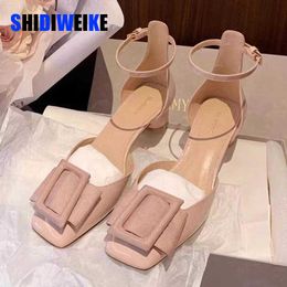 SDWK Spring Women's Leather Shoes Square Toe Ankle Pumps High Heels Buckle Strap Colorblock Shallow Mouth Ladies Single 0220
