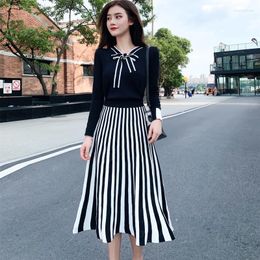 Work Dresses Knit Two Piece Set 2023 Fall O-neck Long Sleeve Pullover Sweater Striped High Waist A-line Midi Skirt Suit 2piece Women