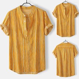 Men's Casual Shirts Mens Summer Fashion Stand Collar Strip Print Short Sleeve Shirt Top Retro Breathable Men's Clothes