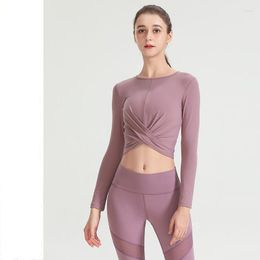 Active Shirts Sports Yoga T-shirt Cropped Long-sleeved Solid Colour Clothes Spring Autumn Quick-drying Fitness Folds O-neck Dance Short Top