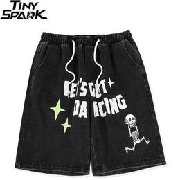 Men's Shorts HipHop Streetwear Jeans Short Funny Dancing Skull Skeleton Graphic Denim Short 2023 Men Harajuku Black Denim Cargo Shorts Cotton J230218