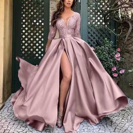 Work Dresses Sexy V-neck Split Fork Evening 2023 Long Bronzing A-line Formal Prom Party Gowns Half Sleeve Galadress Vestidos Women