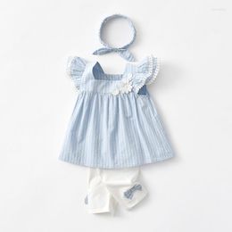 Clothing Sets Light Blue Girls Summer Dress 3PCS Headband Pants Flying Sleeve Sweet Princess Dresses Kids Flower Fashion Sales