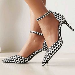 Black White Contrast Color Geometric Checker Design Pointed Toe Woman Pumps Dress Party Thin High Heels Checked Stiletto Sandals 0220