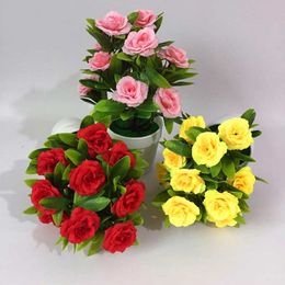 Decorative Flowers Wreaths 1Set Artificial Flower Plant Rose Potted Bonsai Office Garden Desktop Ornament Decor Artificial Flowers in Pot For Home Decor T230217