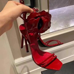 Red Flower Patent Leather High Heel Sandals Square Toe Buckle Strappy Sandals Cutouts Cover Heels Women Party Shoes