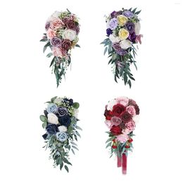 Decorative Flowers Elegant Wedding Bouquets For Bride Waterfall Shape Artificial Roses Silk Cloth Holding Bouquet Church Anniversary Home