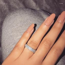 Cluster Rings Simple Three Rows White Zircon Row Lines Clear Crystal For Women Female Jewellery Birthday Party Valentine Gifts