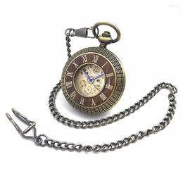 Pocket Watches Double Roman Number Bronze Tone Hollow Case Hand Wind Mens Mechanical Watch W/Chain Fob Reloj De Bolsillo