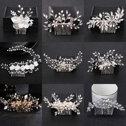 Tiaras Trendy Handmade Tiara Wedding Hair Comb Leaf Flower Bridal Hairpins Pearl Rhinestone Head Jewellery Girls Wedding Hair Accessories Z0220