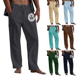 Men's Pants Male Casual Sun Printed Trouser Full Length Button Pocket Drawstring Pant Sport Streetwear Men