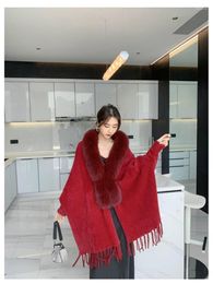 Scarves Women's Luxury Batwing Sleeve Cape Real Fur Trim Collar Clark Poncho Sweater Wraps