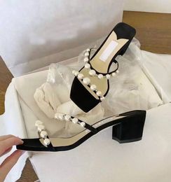 Summer Brands Amara Women Sandals Pearls Strappy Slippers Chunky Heels Square Toe Casual Mules Lady Discount Walking -- Gift35-43