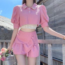 Work Dresses Summer Thin Style 2 Two Piece Set Women Skirt Korean Fashion Short Sleeve Crop Top Sexy Mini Suits Kawaii Cute Outfits