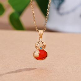 Pendant Necklaces Original Retro Ethnic Style Gold-Plated Sterling Silver Gilding Calabash Pendent Inlaid Red Agate Chalcedony Necklace