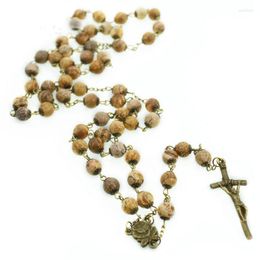 Pendant Necklaces QIGO Vintage Stone Rosary Necklace Long Rose Jesus Cross Catholic Religious Pray Jewellery