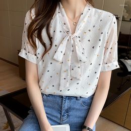 Women's Blouses Bow Floral Chiffon Blouse 2023 Summer Tops Japan Style Short Sleeve Pullover Korean Women Shirts Woman Clothes Chemisier