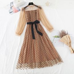 Casual Dresses 2023 Summer Temperament Wave Point Women's Ladies Puff Sleeve Net Yarn Slim Long Dress