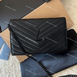 Woc Chain Women Bag Gold and Silver Black Metal Letter Inlaid Luxury Fashion Lady Crossbody Shoulder Bags Envelope Shape Clutch Purse Caviar Leather Wallet Card Bag