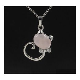 Pendant Necklaces Lovely Cat Round Stones Turquoise Pink Quartz Charms Necklace For Women Men Gift Accessories Drop Delivery Jewelry Dhhjm