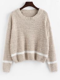 Women's Sweaters ZAFUL Contrast Trim Textured Boucle Knit Sweater Women Drop Shoulder Round Neck Pullover Spring Autumn Long Sleeve Jumper