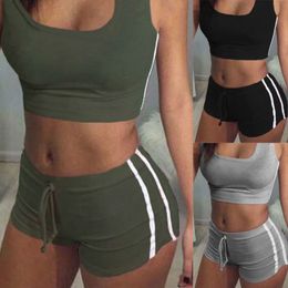 Womens Two Piece Pants 2pcs Fashion Women Sexy Sports Suit Crop TopShorts 2pcs Outfit Workout Sportwear Summer Women 230220