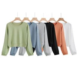 Dames yoga-uitrusting sweatshirt met capuchon losse crop top met lange mouwen Fitnessoefening hoge elasticiteit sweatshirt met ronde hals gym hardlopen