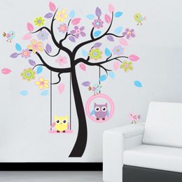 Wall Decor Cartoon Owl Bird Tree Stickers Home For Kids Living Room Decals Children Baby Nursery ative Bedroom papers 230220