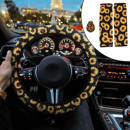 Steering Wheel Covers Set/4pcs Car Accessories With 1pc Sunflower Cover 2pcs Seat Belt And Sunflowers KeyrinSteering