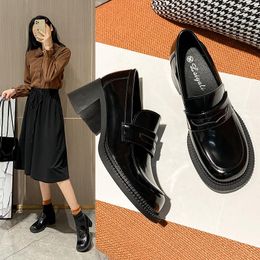 Dress Shoes Round Big Toe Pumps Woman Designer Mary Janes Female Slip On Black Oxfords Thick High Heels Small Leather Women 2023