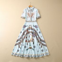 2023 Summer Sky Blue Paisley Print Beaded Dress Short Sleeve Lapel Neck Rhinestone Midi Casual Dresses S3F131623 Plus Size XXL