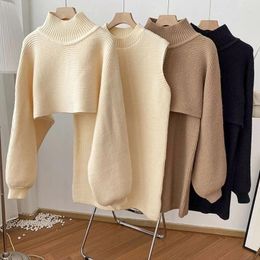 Casual Dresses Female Autumn Winter Knitted Dress Loose Two Piece Set Solid Mock Neck Thick Warm Knit Pullover Women Long Sweaters