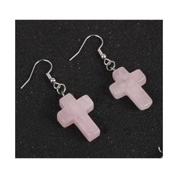 Charm Cross Turquoises Rose Crystal Quartz Tiger Eye Opal Stone Charms Dangling Earrings Amethysts Hanging Earring Fashion Women Jew Dhz9Y