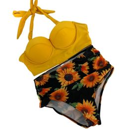 Women's Swimwear Women Flower Printed Pattern Bikini Suits Backless Halter Top Plus Tight High Waist Thong Two-piece Split Beachwear Biquini