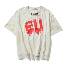 Men's T-Shirts EU Red Heart Retro Graffiti Distressed Loose Shortsleeved Tshirt Men and Women O Neck Hip Hop Oversized Cotton Summer Tees Z0220