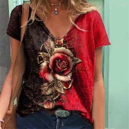 Women's T Shirts Rose T-Shirts Women Summer 3D Flower Print V-Neck Short Sleeve Tee Casual Loose Oversized T-Shirt Y2K Top