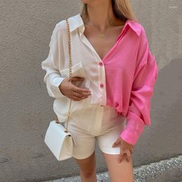 Women's Blouses Chic 2023 Colour Block Oversized Casual Shirts Women's Long Batwing Sleeve Button Up Fall Spring Streetwear Tops