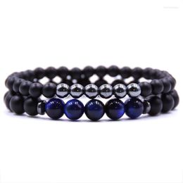 Strand Natural Black Onyx With Tiger Eye Stone Beads Women Men Bracelet Jewellery Energy Round Elasticity Rope Gifts 2 Pcs